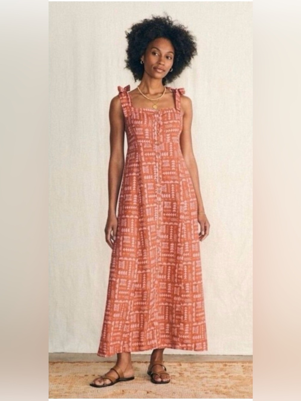 Faherty X Anna Kahalekulu Tie-Shoulder, Linen Maxi Dress